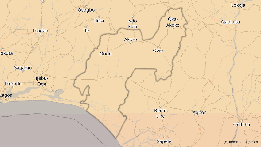 A map of Ondo, Nigeria, showing the path of the 31. Mär 2071 Ringförmige Sonnenfinsternis