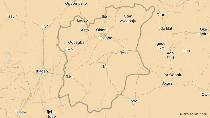 A map of Osun, Nigeria, showing the path of the 31. Mär 2071 Ringförmige Sonnenfinsternis
