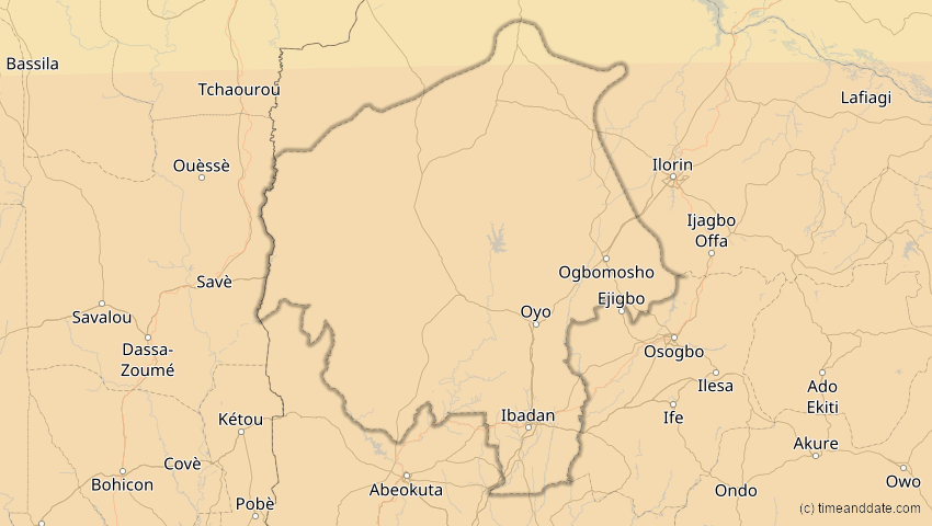 A map of Oyo, Nigeria, showing the path of the 31. Mär 2071 Ringförmige Sonnenfinsternis