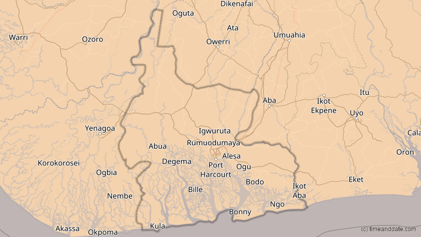 A map of Rivers, Nigeria, showing the path of the 31. Mär 2071 Ringförmige Sonnenfinsternis