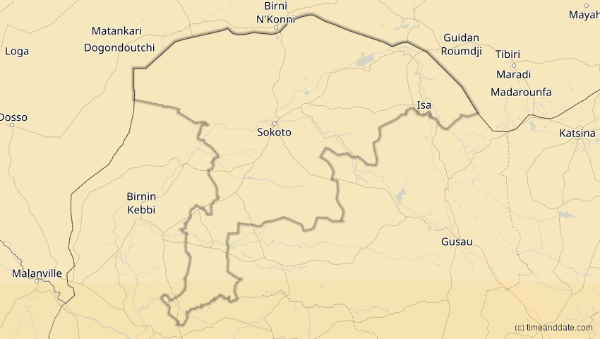A map of Sokoto, Nigeria, showing the path of the 31. Mär 2071 Ringförmige Sonnenfinsternis