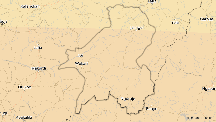 A map of Taraba, Nigeria, showing the path of the 31. Mär 2071 Ringförmige Sonnenfinsternis