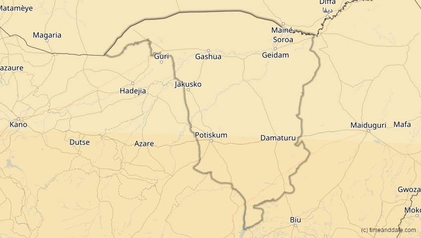 A map of Yobe, Nigeria, showing the path of the 31. Mär 2071 Ringförmige Sonnenfinsternis
