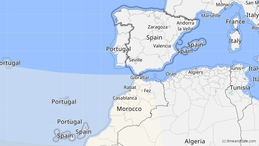A map of Spanien, showing the path of the 23. Sep 2071 Totale Sonnenfinsternis
