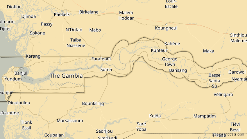 A map of Gambia, showing the path of the 23. Sep 2071 Totale Sonnenfinsternis