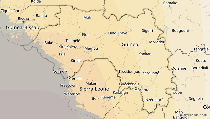 A map of Guinea, showing the path of the 23. Sep 2071 Totale Sonnenfinsternis