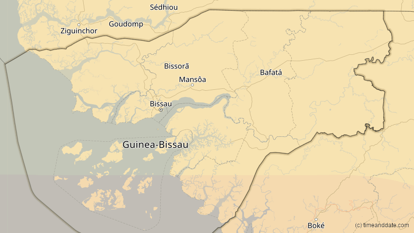 A map of Guinea-Bissau, showing the path of the 23. Sep 2071 Totale Sonnenfinsternis