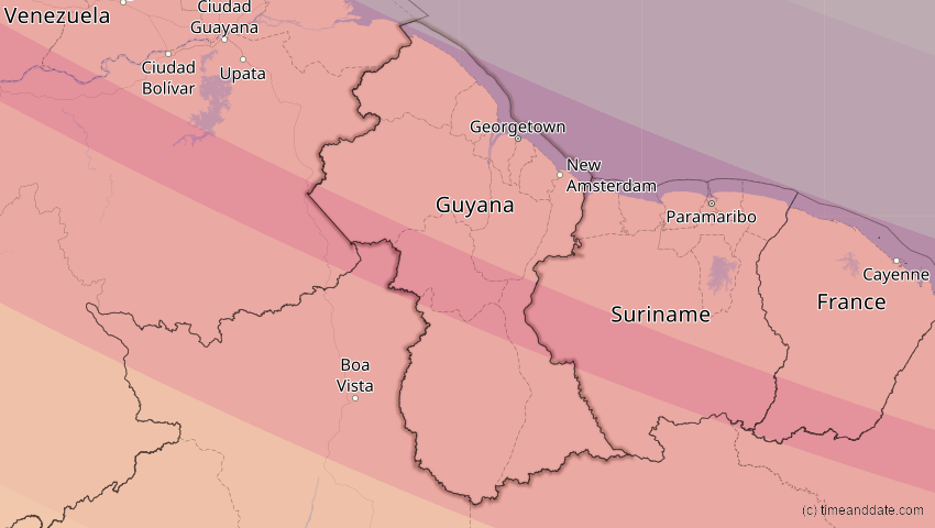 A map of Guyana, showing the path of the 23. Sep 2071 Totale Sonnenfinsternis