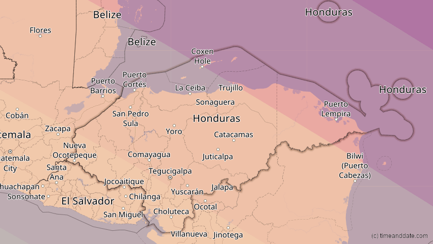 A map of Honduras, showing the path of the 23. Sep 2071 Totale Sonnenfinsternis