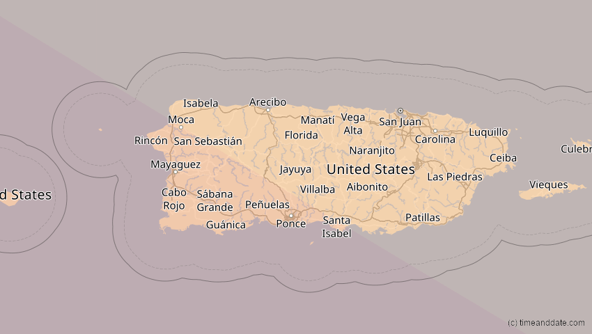 A map of Puerto Rico, showing the path of the 23. Sep 2071 Totale Sonnenfinsternis