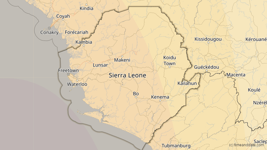 A map of Sierra Leone, showing the path of the 23. Sep 2071 Totale Sonnenfinsternis