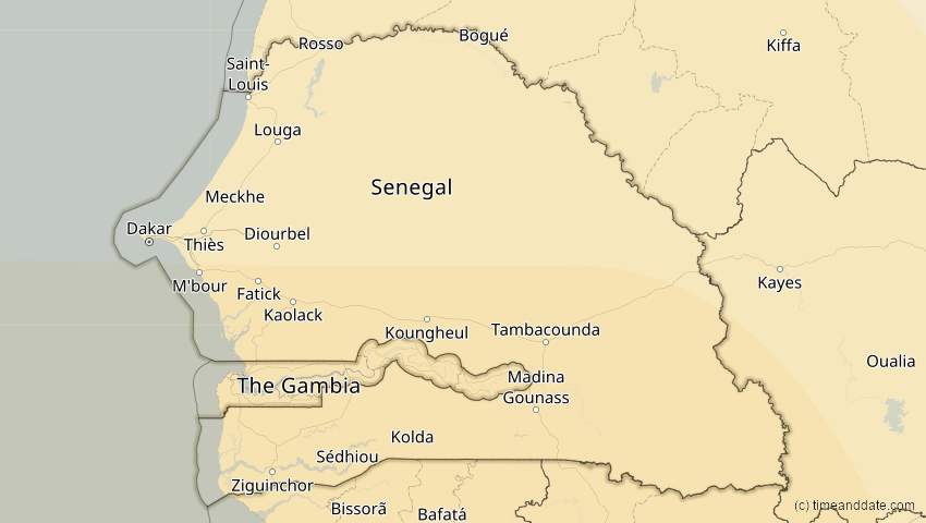 A map of Senegal, showing the path of the 23. Sep 2071 Totale Sonnenfinsternis
