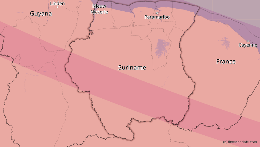 A map of Suriname, showing the path of the 23. Sep 2071 Totale Sonnenfinsternis