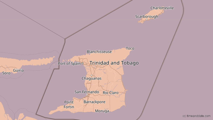 A map of Trinidad und Tobago, showing the path of the 23. Sep 2071 Totale Sonnenfinsternis