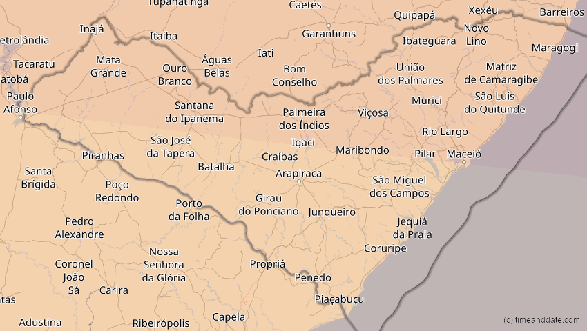 A map of Alagoas, Brasilien, showing the path of the 23. Sep 2071 Totale Sonnenfinsternis