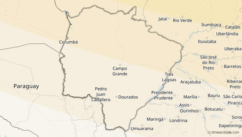 A map of Mato Grosso do Sul, Brasilien, showing the path of the 23. Sep 2071 Totale Sonnenfinsternis