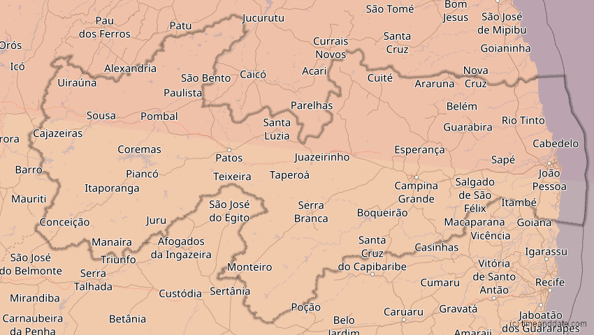 A map of Paraíba, Brasilien, showing the path of the 23. Sep 2071 Totale Sonnenfinsternis