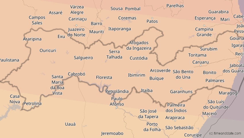 A map of Pernambuco, Brasilien, showing the path of the 23. Sep 2071 Totale Sonnenfinsternis