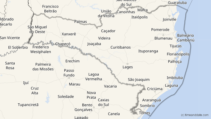 A map of Santa Catarina, Brasilien, showing the path of the 23. Sep 2071 Totale Sonnenfinsternis