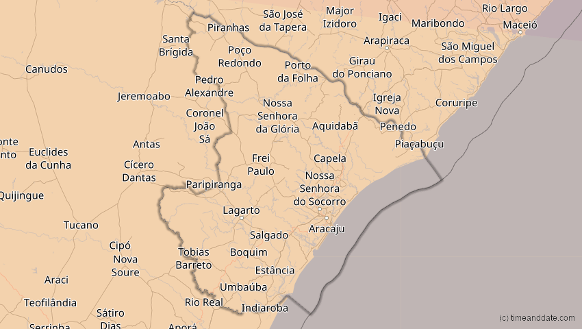 A map of Sergipe, Brasilien, showing the path of the 23. Sep 2071 Totale Sonnenfinsternis