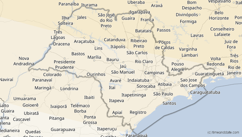A map of São Paulo, Brasilien, showing the path of the 23. Sep 2071 Totale Sonnenfinsternis