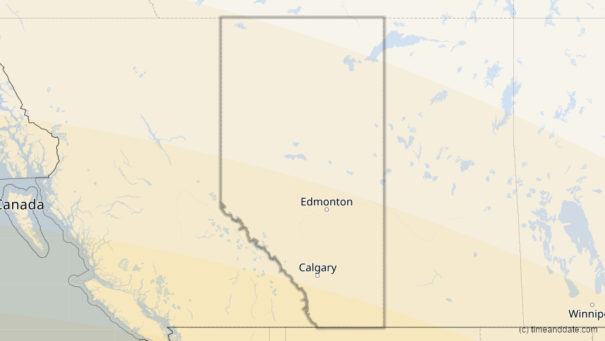 A map of Alberta, Kanada, showing the path of the 23. Sep 2071 Totale Sonnenfinsternis