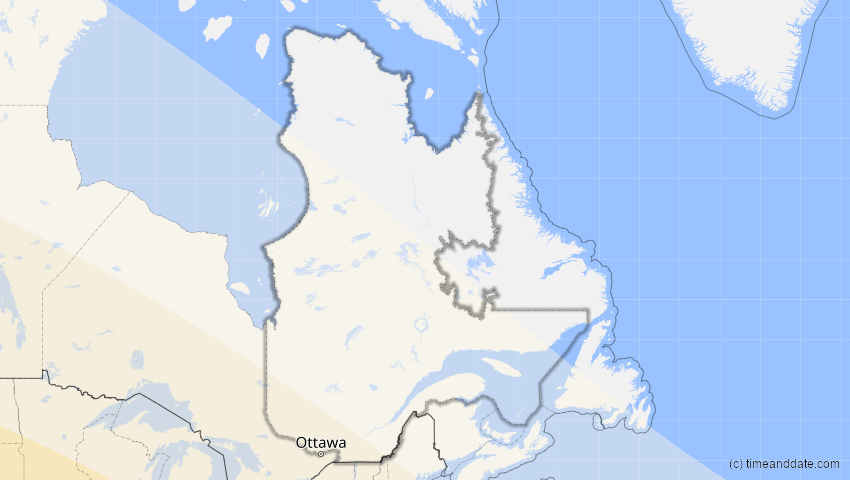 A map of Québec, Kanada, showing the path of the 23. Sep 2071 Totale Sonnenfinsternis