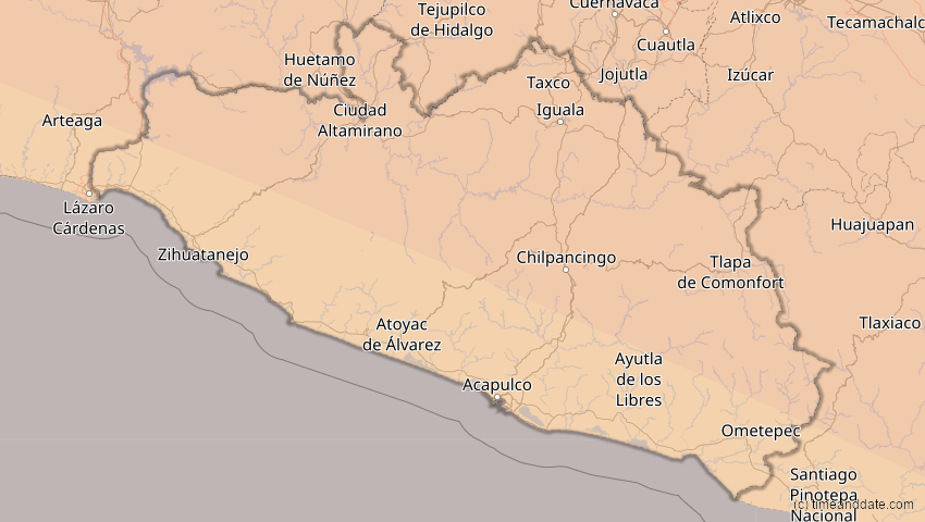 A map of Guerrero, Mexiko, showing the path of the 23. Sep 2071 Totale Sonnenfinsternis