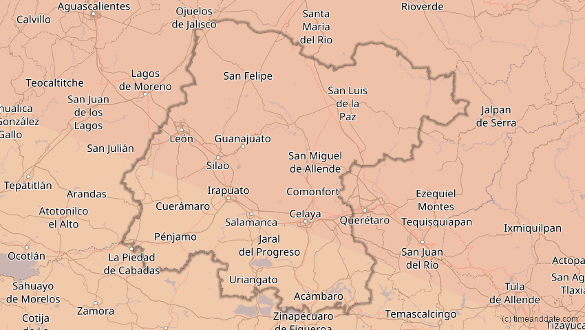 A map of Guanajuato, Mexiko, showing the path of the 23. Sep 2071 Totale Sonnenfinsternis