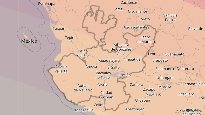 A map of Jalisco, Mexiko, showing the path of the 23. Sep 2071 Totale Sonnenfinsternis