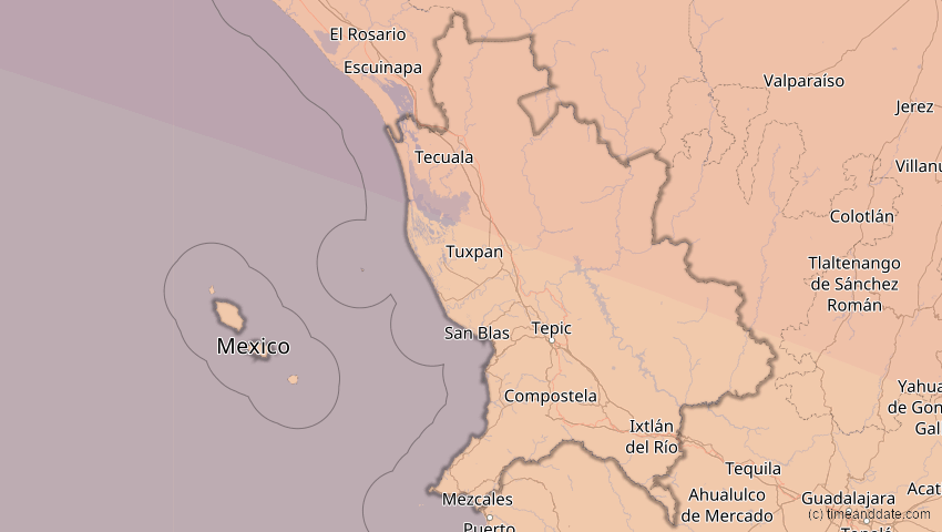 A map of Nayarit, Mexiko, showing the path of the 23. Sep 2071 Totale Sonnenfinsternis
