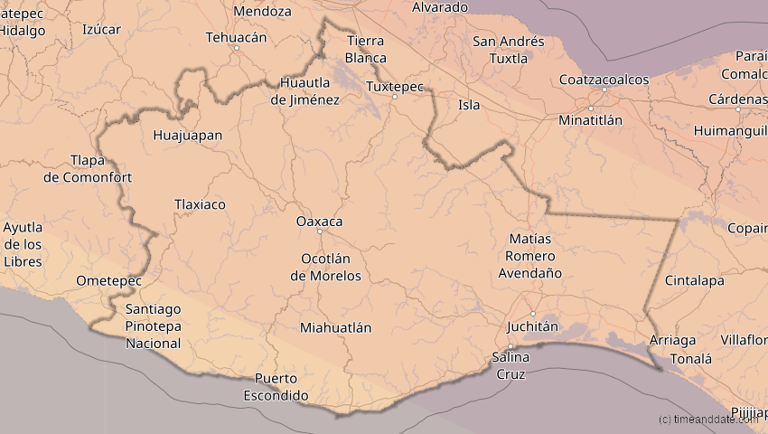 A map of Oaxaca, Mexiko, showing the path of the 23. Sep 2071 Totale Sonnenfinsternis