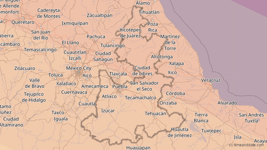A map of Puebla, Mexiko, showing the path of the 23. Sep 2071 Totale Sonnenfinsternis