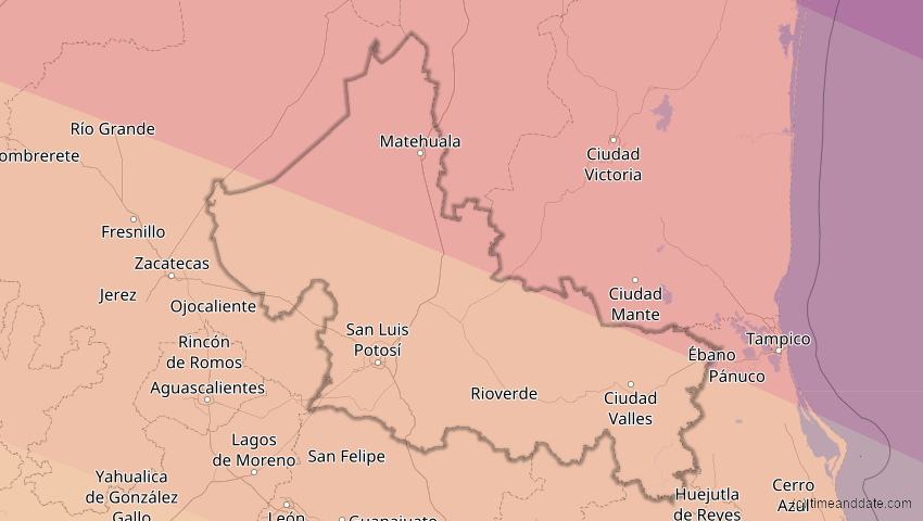 A map of San Luis Potosí, Mexiko, showing the path of the 23. Sep 2071 Totale Sonnenfinsternis