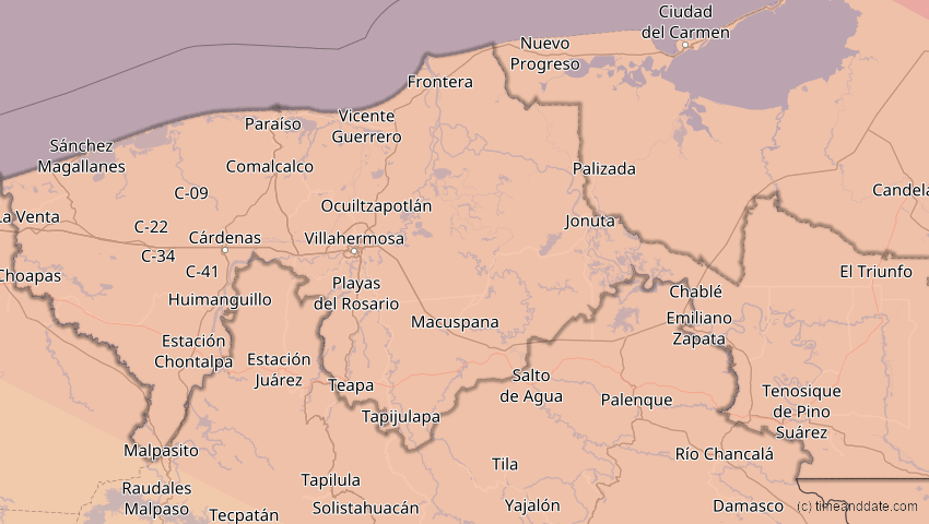 A map of Tabasco, Mexiko, showing the path of the 23. Sep 2071 Totale Sonnenfinsternis