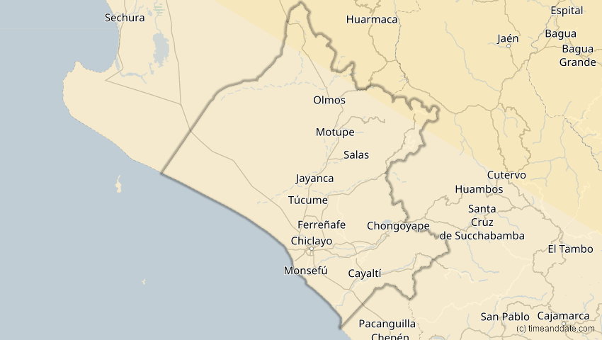 A map of Lambayeque, Peru, showing the path of the 23. Sep 2071 Totale Sonnenfinsternis