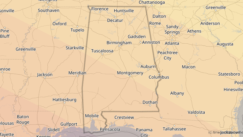 A map of Alabama, USA, showing the path of the 23. Sep 2071 Totale Sonnenfinsternis