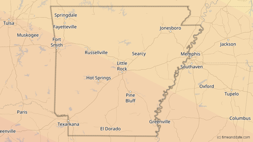 A map of Arkansas, USA, showing the path of the 23. Sep 2071 Totale Sonnenfinsternis