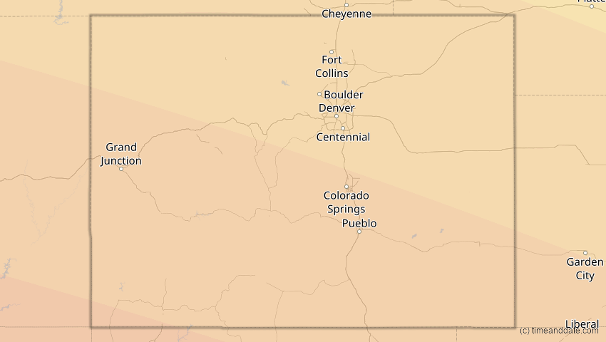 A map of Colorado, USA, showing the path of the 23. Sep 2071 Totale Sonnenfinsternis