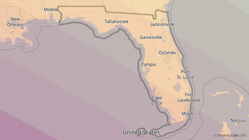 A map of Florida, USA, showing the path of the 23. Sep 2071 Totale Sonnenfinsternis