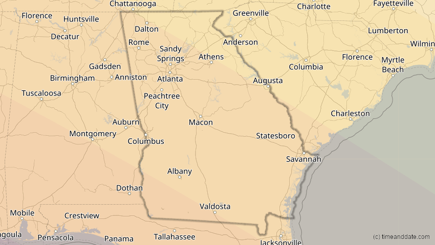 A map of Georgia, USA, showing the path of the 23. Sep 2071 Totale Sonnenfinsternis