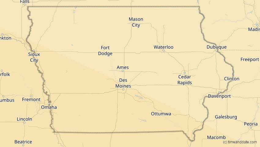 A map of Iowa, USA, showing the path of the 23. Sep 2071 Totale Sonnenfinsternis