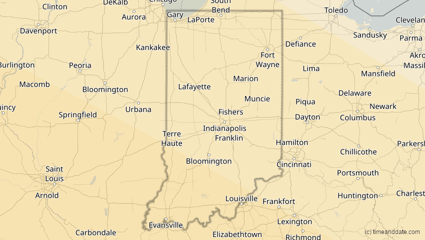 A map of Indiana, USA, showing the path of the 23. Sep 2071 Totale Sonnenfinsternis
