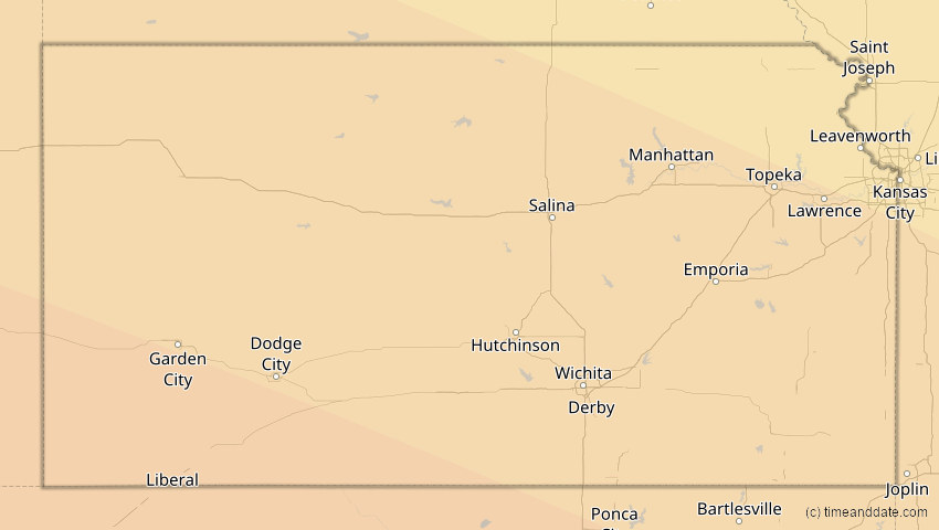 A map of Kansas, USA, showing the path of the 23. Sep 2071 Totale Sonnenfinsternis