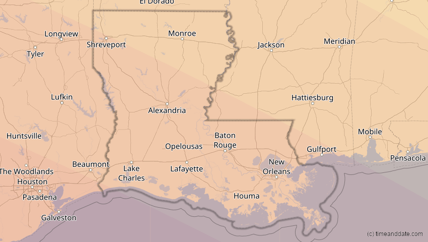 A map of Louisiana, USA, showing the path of the 23. Sep 2071 Totale Sonnenfinsternis