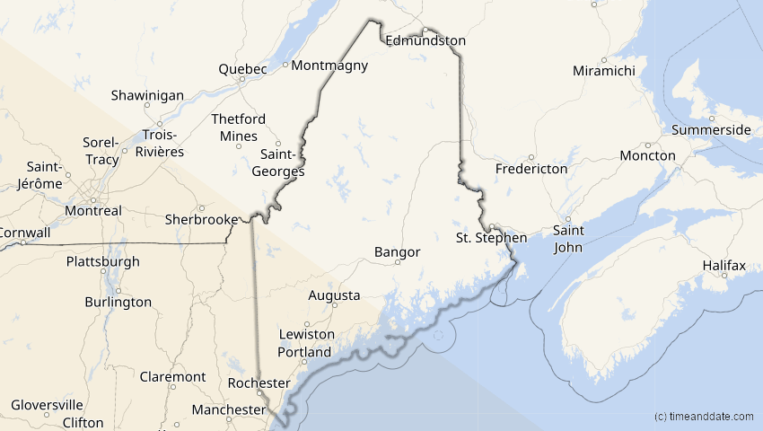 A map of Maine, USA, showing the path of the 23. Sep 2071 Totale Sonnenfinsternis