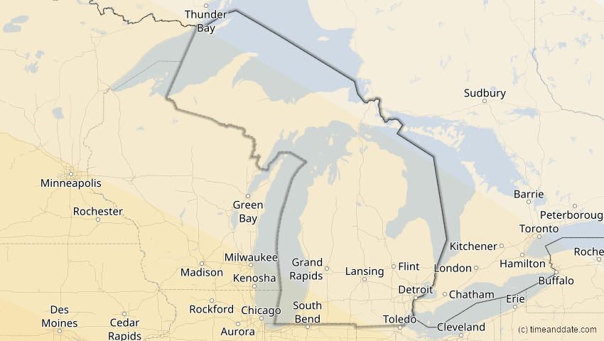 A map of Michigan, USA, showing the path of the 23. Sep 2071 Totale Sonnenfinsternis