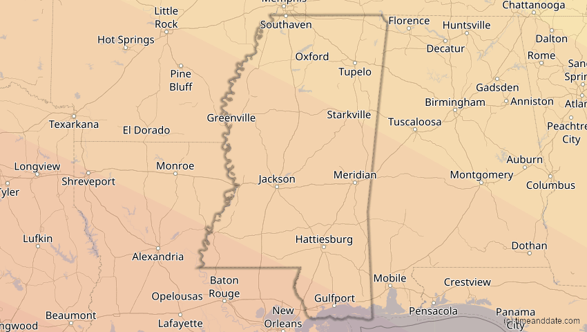 A map of Mississippi, USA, showing the path of the 23. Sep 2071 Totale Sonnenfinsternis