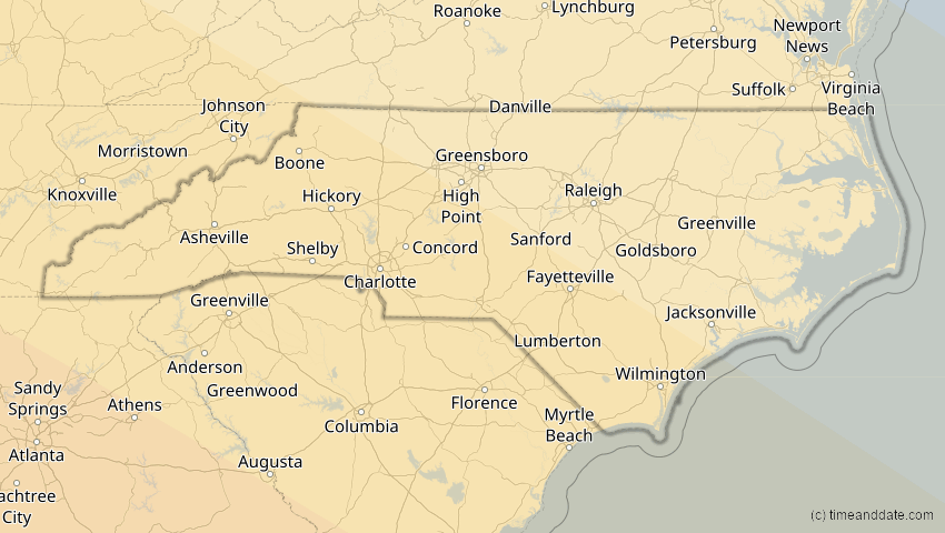 A map of North Carolina, USA, showing the path of the 23. Sep 2071 Totale Sonnenfinsternis
