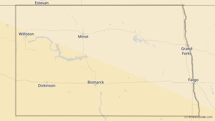 A map of North Dakota, USA, showing the path of the 23. Sep 2071 Totale Sonnenfinsternis